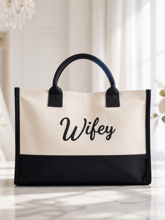 Handbags - Wifey Black and Cream Tote Bag